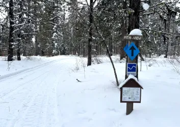 A snowy trail with a sign post marking the way forward